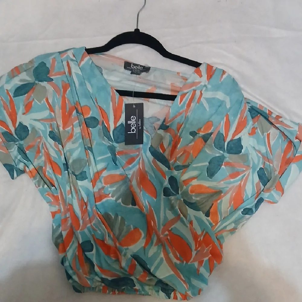 Belle Teal & Coral Floral V-Neck Blouse - Picture 1 of 7